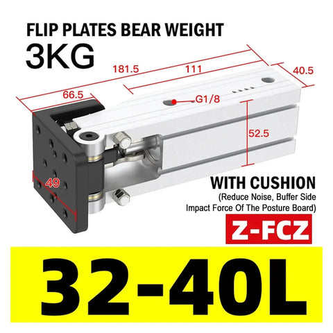 90 Degree Flip Side Pose Cylinder FCZ32 DHRC32 LCZ32 Pneumatic Manipulator Accessory Rack Hinge showing dimensions and weight capacity.