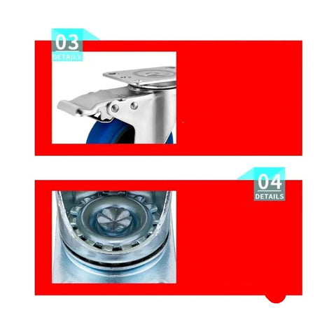 Heavy Duty Silent Swivel Casters Featuring Blue Tpr Rubber 4 Inch Stainless Steel Frame built tough with safe brakes, close-up of brake detail.