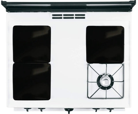 Black Square Gas Stove Burner Covers, 9 Inch, 4 Pack, Three Quarter Inch Deep on white stove, protecting unused burners.