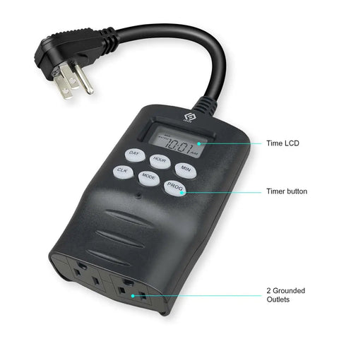 Ultimate Outdoor Digital Timer For Lights With Seven Day Programming And Dual Grounded Outlets showing timer LCD and grounded outlets.