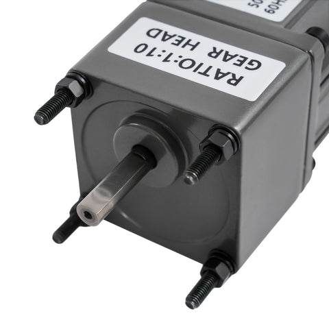 Close-up of 6W 110V AC Gear Motor With 1 To 10 Gear Reduction And Reversing Function, showing shaft and mounting bolts