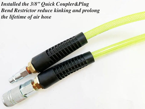 Reinforced Polyurethane 3/8 Inch ID Air Hose, 100 Ft, 300 PSI, wear-resistant, green with high flow quick coupler and plug, bend restrictor.