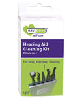 Front view of 5 In 1 Hearing Aid Cleaning Kit For Home Or Travel No Fuss Easy Grip 5 Piece Tools Set In A Tiny BPA Free Case box.