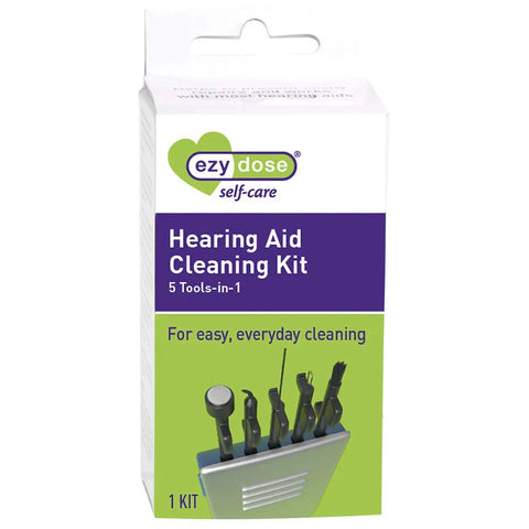 Front view of 5 In 1 Hearing Aid Cleaning Kit For Home Or Travel No Fuss Easy Grip 5 Piece Tools Set In A Tiny BPA Free Case box.