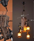 Industrial Vintage Wooden Hanging Pendant Light With Four Lantern Bulbs, Dope Rustic Loft Chandelier, black wooden finish