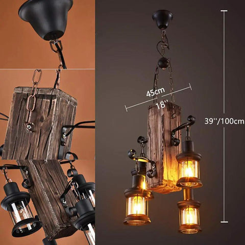 Industrial Vintage Wooden Hanging Pendant Light With Four Lantern Bulbs, Dope Rustic Loft Chandelier, black wooden finish
