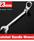 23mm chrome steel ratchet handle wrench with total length 310mm, part of Ratchet Spanner Set With Flexible Wrench Open End And Ring Keys 6 To 24MM Chrome Steel Hand Tool For Cars Easy Grab And Smooth Turn In Tight Spots Rust Resistant Pro Grade Durable Wrench Kit For Everyday Repairs