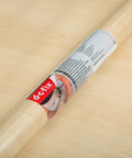 Maple Wood Decorative Self Adhesive Film 17 Inch By 78 Inch Roll, Easy Peel And Stick Wallpaper in packaging on table.