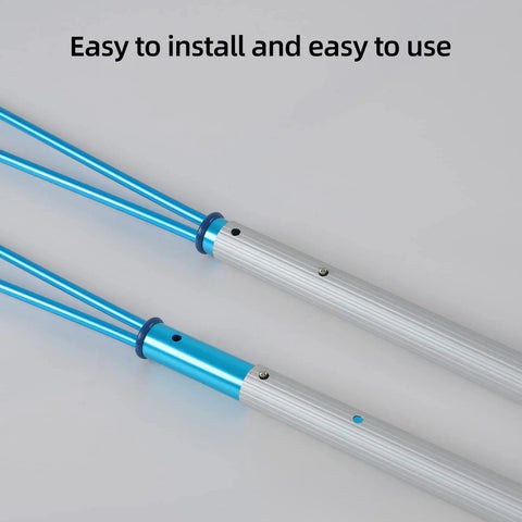 Rock Solid Aluminum Pool Safety Hook With 3.3 Foot Telescopic Pole zoomed in on handle with blue accents for easy grip and use.