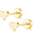 Heart Shaped Titanium Stud Earrings With Flat Back For Sensitive Ears 5mm Gold Tone Screw On Cartilage Earrings Hypoallergenic Nickel Free Lightweight Everyday Wear For Women And Men Skin Safe, pair front view