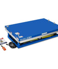 Solid 2200 Lb Capacity Double Scissor Electric Hydraulic Lift Table With Wireless Remote Control 70 Inch Height And Massive 51 X 32 Foot Platform sideways view with remote and manual