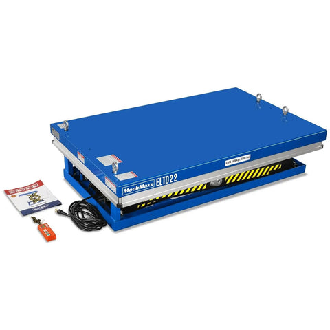 Solid 2200 Lb Capacity Double Scissor Electric Hydraulic Lift Table With Wireless Remote Control 70 Inch Height And Massive 51 X 32 Foot Platform sideways view with remote and manual