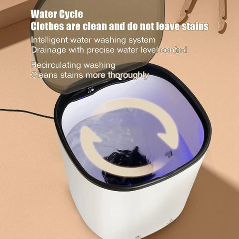 Portable 4.5L Mini Washer with 24W 12V Power, open lid showing blue light and water cycle for apartment or camping use