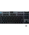 Game Changing Tenkeyless Wireless Mechanical Gaming Keyboard Featuring Crisp Tactile Switches Slick Syncable RGB Lighting Zero Lag Wireless Connection And Heavy Duty All Day Battery For Battle Ready Setups Black, top view with colorful keys.