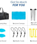 Carrying bag, Lycra canopy, folding aluminum poles, sand shovels, elastic cords, and ground stakes for Big 14x11 Foot Beach Shade Shelter.