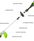 Heavy Duty 40 Volt Cordless String Trimmer Loaded With A Badass Brushless Motor And Four Point Zero Ah Battery, aluminum shaft, adjustable handle.