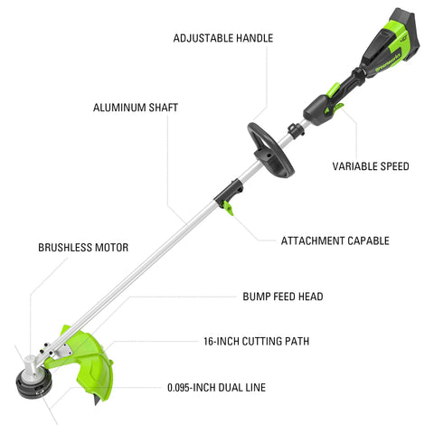 Heavy Duty 40 Volt Cordless String Trimmer Loaded With A Badass Brushless Motor And Four Point Zero Ah Battery, aluminum shaft, adjustable handle.