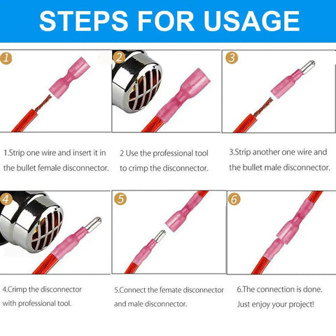Step-by-step guide for using Heat Shrink Bullet Connectors Kit, 100 Pcs Male And Female Electrical Bullet Terminals, Waterproof Marine Grade Butt Connectors for Watercraft, Electronics And Auto Use AWG 22-18