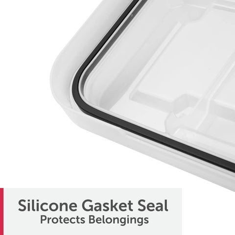 Silicone gasket seal of the 54 Quart Tough As Nails Crystal Clear Storage Tote protecting belongings from water damage.
