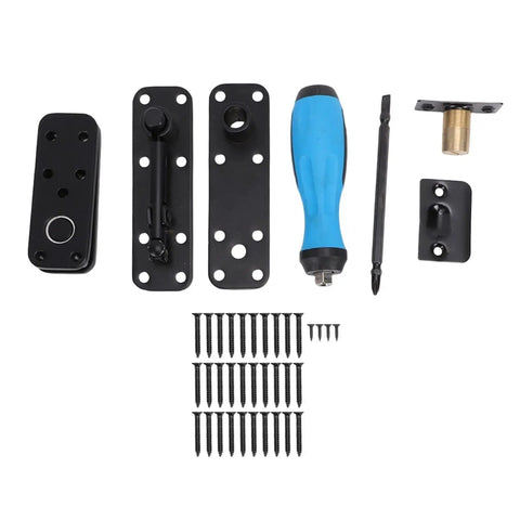 Heavy Duty Concealed Pivot Door Hinge Complete Hardware Kit with tools, black components, and screws for easy installation.