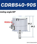 Built Tough Swinging Rotary Actuator CDRBS40-90S showing 90° rotation angle and dimensions for workshop projects.