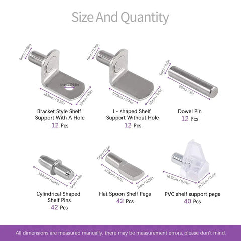 Six Styles Shelf Pins Set With 160 Pieces Nickel Plated Cabinet Pins For 5mm And 6mm Shelf Holes showing types and sizes