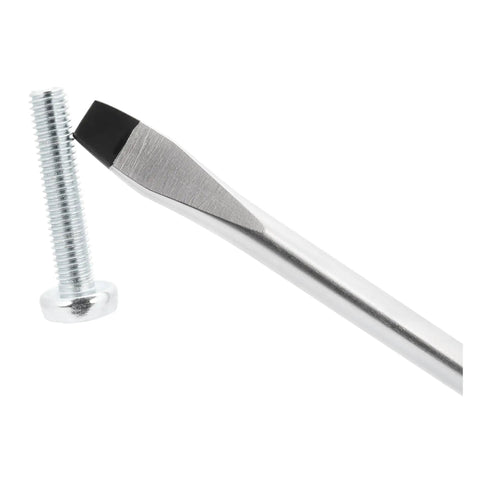 Slotted Screwdriver Three Eighths Inch By Twelve Inches With Magnetic Tip, Ergonomic Non Slip Grip, Chrome Vanadium Steel, Satin Finish next to a screw