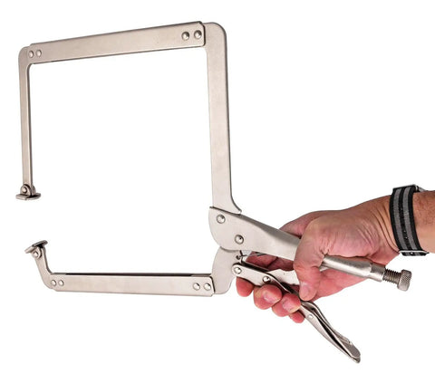 Deep Throat Locking C Clamp With 10 Inch Throat Depth Quick Release Adjustable Pressure 18 Inch Overall Length clamp in hand