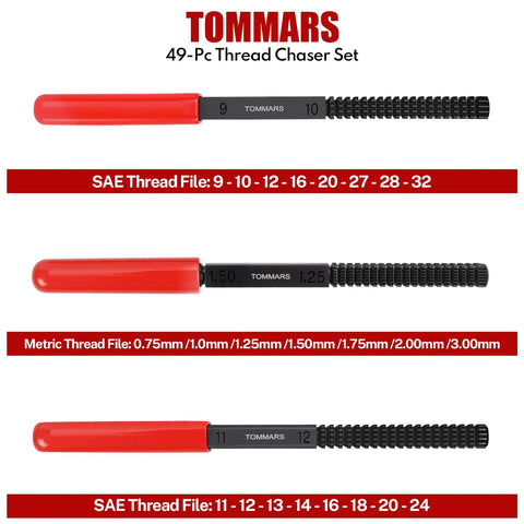 Heavy Duty 49 Piece Thread Chaser Set Repair Kit With Taps Dies And Thread Files For UNC UNF And Metric Rethreading And Restoration Ideal For Machinists Auto Hobbyists And Maintenance Pros showing three red-handled thread files with SAE and Metric sizes.