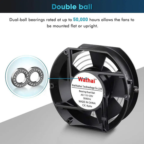 110V 120V Axial Cooling Fan With Beefy Airflow And High Speed Dual Ball Bearings 172mm x 150mm x 51mm shown with bearings details