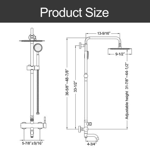 Dimensions of 304 Stainless Outdoor Shower Kit In Brushed Nickel, High Pressure Shower System With Overhead Rainfall Shower, Handheld Spray, And Tub Tap Diverter