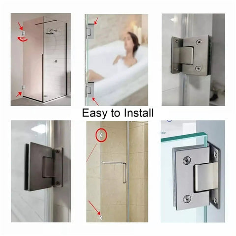 Shower Door Hinge Two Pack 90 Degree Heavy Duty Stainless Steel Hinges for Glass Doors, shown in shower installation