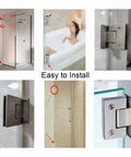 Stainless Steel Glass Door Hinges 90 Degree Frameless Shower Door Clamp Hardware For Bathroom shown in various installation views.
