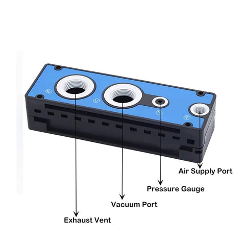 Beefy Large Flow High Suction Multistage Vacuum Generator For VTM Systems Powerful Pneumatic Pump with labeled ports