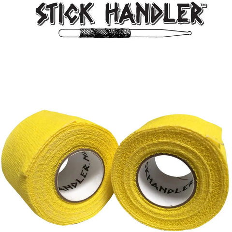 Pro Drumstick Grip Tape Yellow Twin Pack Premium Cotton Gauze Wraps on display, showcasing bright yellow rolls for drummers.