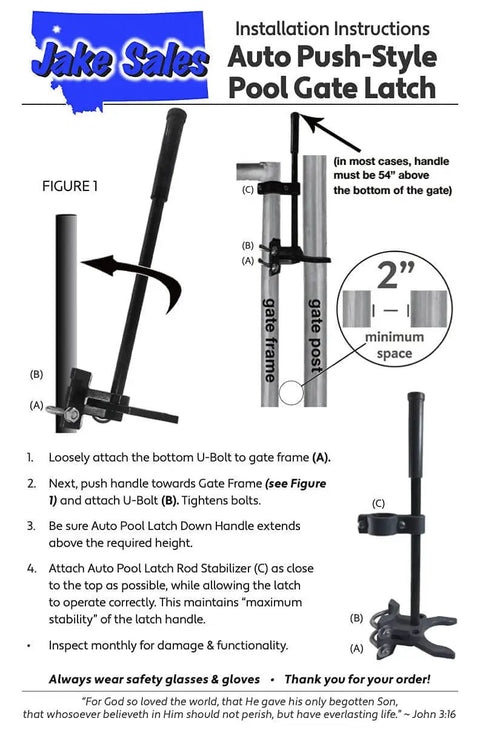 Rugged Push Style Pool Gate Latch For Chain Link Fences detailed installation instructions with parts labeled and setup guide.