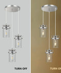 Three Light Glass Pendant Light With Brushed Nickel Finish And Clear Glass Shades Adjustable Cord Cool Farmhouse Ceiling Fixture For Kitchen Island Dining Room Bedroom And Living Room shown turned off and on