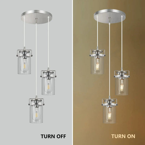 Three Light Glass Pendant Light With Brushed Nickel Finish And Clear Glass Shades Adjustable Cord Cool Farmhouse Ceiling Fixture For Kitchen Island Dining Room Bedroom And Living Room shown turned off and on