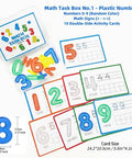 Set Of Five Math Manipulatives Kit With Base Ten Blocks Number Rods Numbers 0 To 9 Ten Frame Counters Place Value Blocks 3D Shapes And Activity Cards For Hands On Learning In Classrooms shown with plastic numbers and activity cards