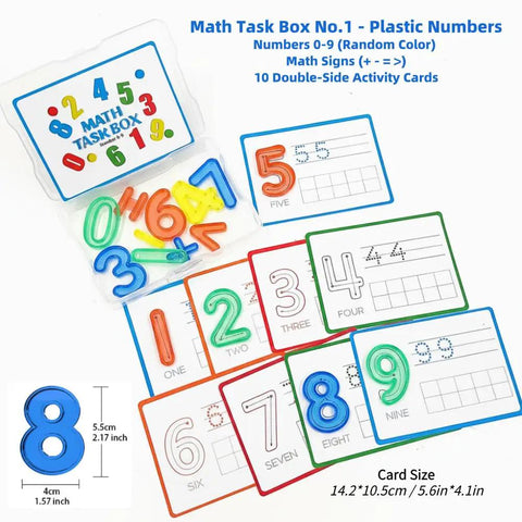Set Of Five Math Manipulatives Kit With Base Ten Blocks Number Rods Numbers 0 To 9 Ten Frame Counters Place Value Blocks 3D Shapes And Activity Cards For Hands On Learning In Classrooms shown with plastic numbers and activity cards