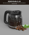 Front view of a black-handled 12-cup glass coffee carafe with removable lid and visible measurement marks.