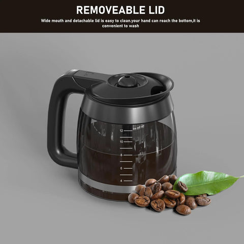 Front view of a black-handled 12-cup glass coffee carafe with removable lid and visible measurement marks.