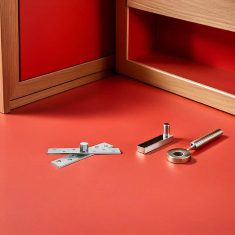 Stainless Steel Hidden Door Pivot Hinges 6 Pack For Wood Gates And Bookcase Doors Built Tough Concealed Hinge components on red surface