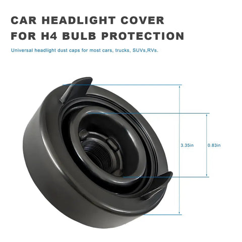 Road Ready Universal 80mm Headlight Dust Caps 4 Pack Rubber Sealing Protective Covers For H4 Bulbs with size dimensions displayed