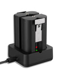 Heavy Duty Rechargeable Battery For Ring Doorbell Camera 2 Pack 7200mAh in charging dock with indicator lights.