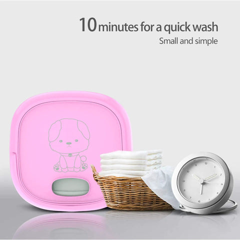Portable Folding Mini Washer for Delicates and Small Things Like Baby Clothes, Pink washer beside clock and basket