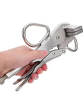 Hand holding adjustable welding clamp pliers with wide flat duckbill for auto body sheet metal repair and vehicle maintenance