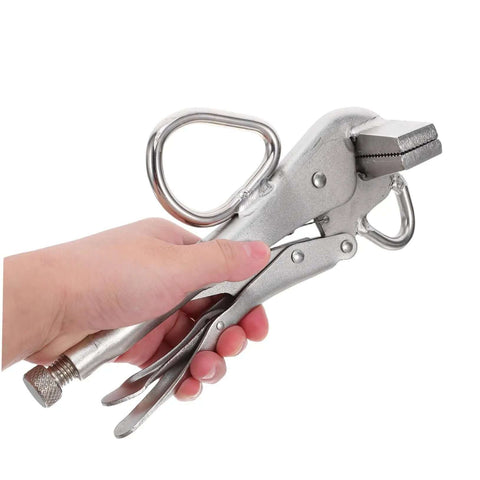 Hand holding adjustable welding clamp pliers with wide flat duckbill for auto body sheet metal repair and vehicle maintenance