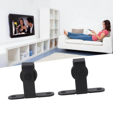 Quiet ABS Sliding Barn Door Hardware Kit For Double Doors With Bypass Track, shown in a modern living room setting.