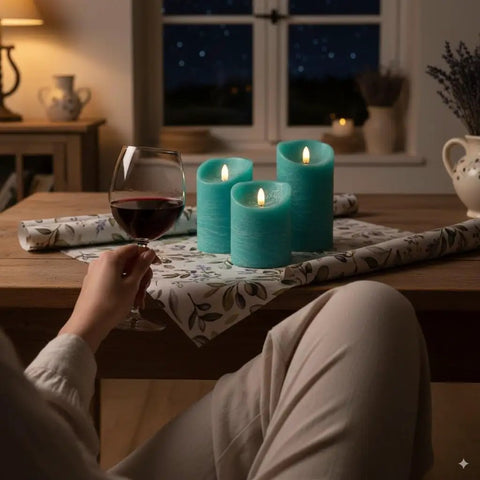 Turquoise Real Wax Flameless Candles Set Of 3 on table with wine glass, teal LED pillar candles with remote and timer